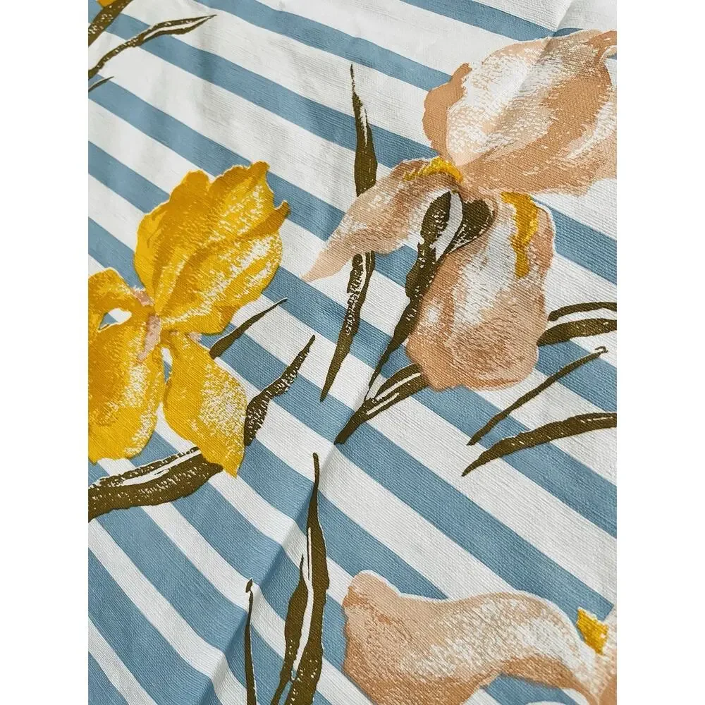 Vinyl Flannel Back Tablecloth Round IRIS FLOWER Yellow Pink Blue Stripes Vintage